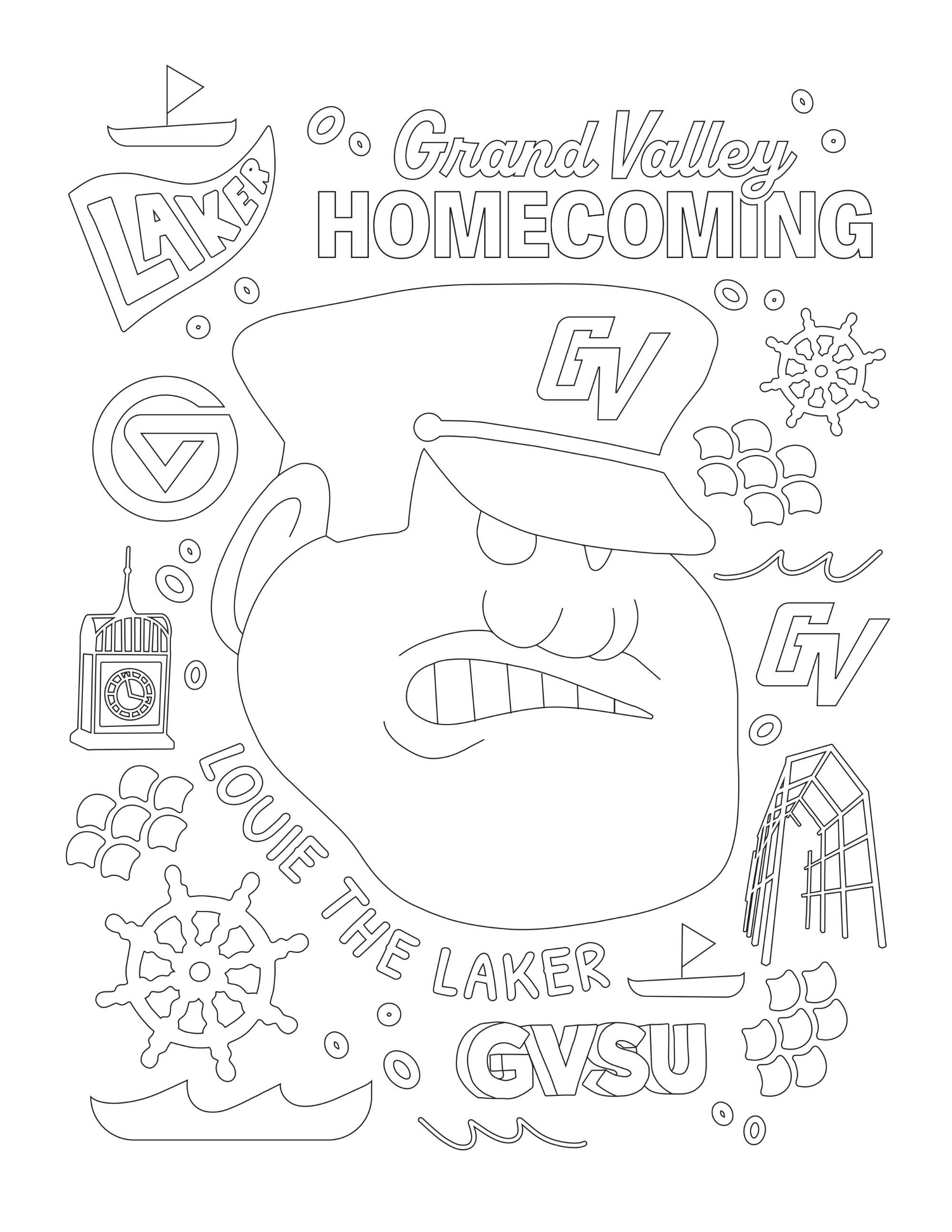 Coloring sheet of Louie the Laker with GVSU icons and text Grand Valley Homecoming